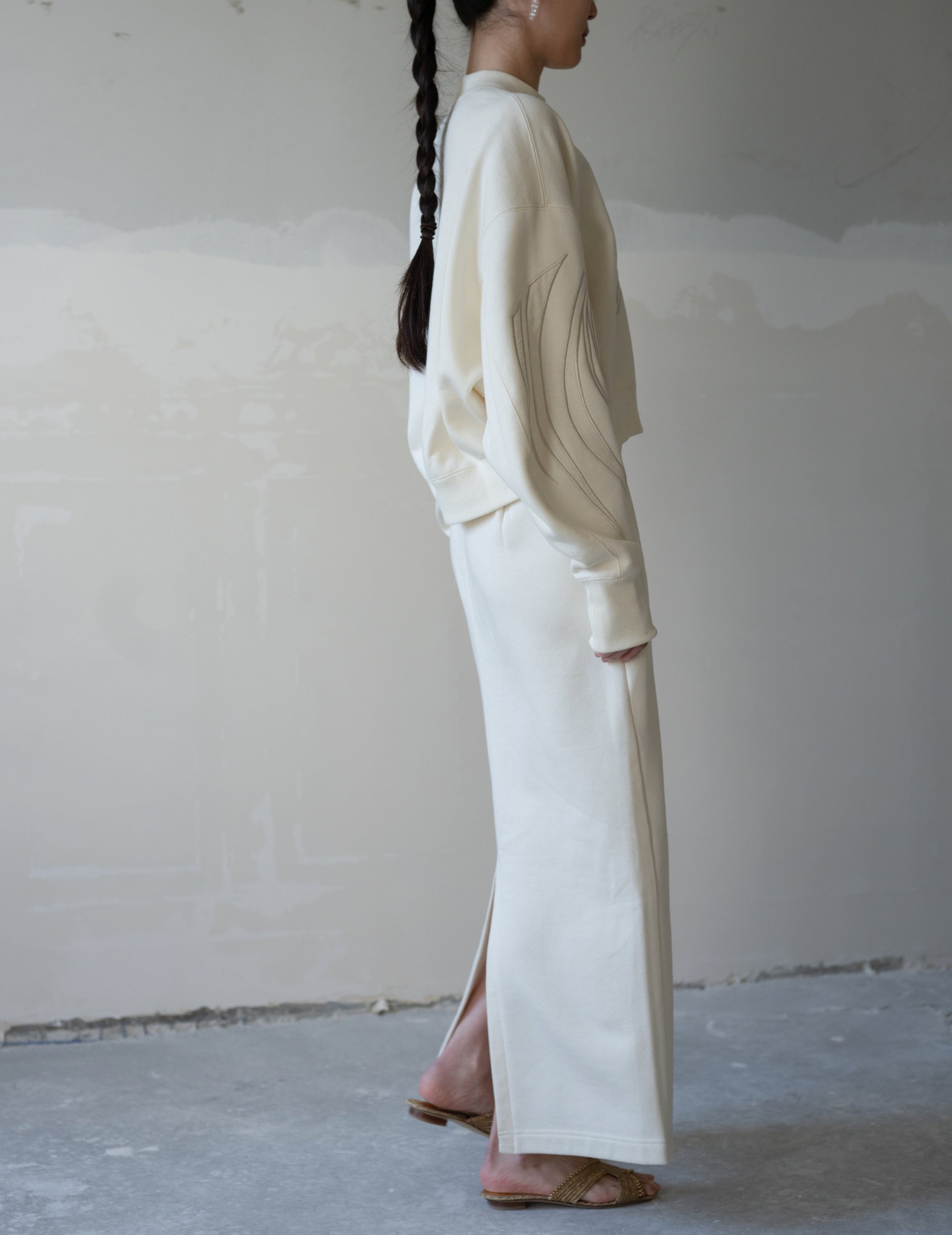 花卉刺繡棉質長裙・米白