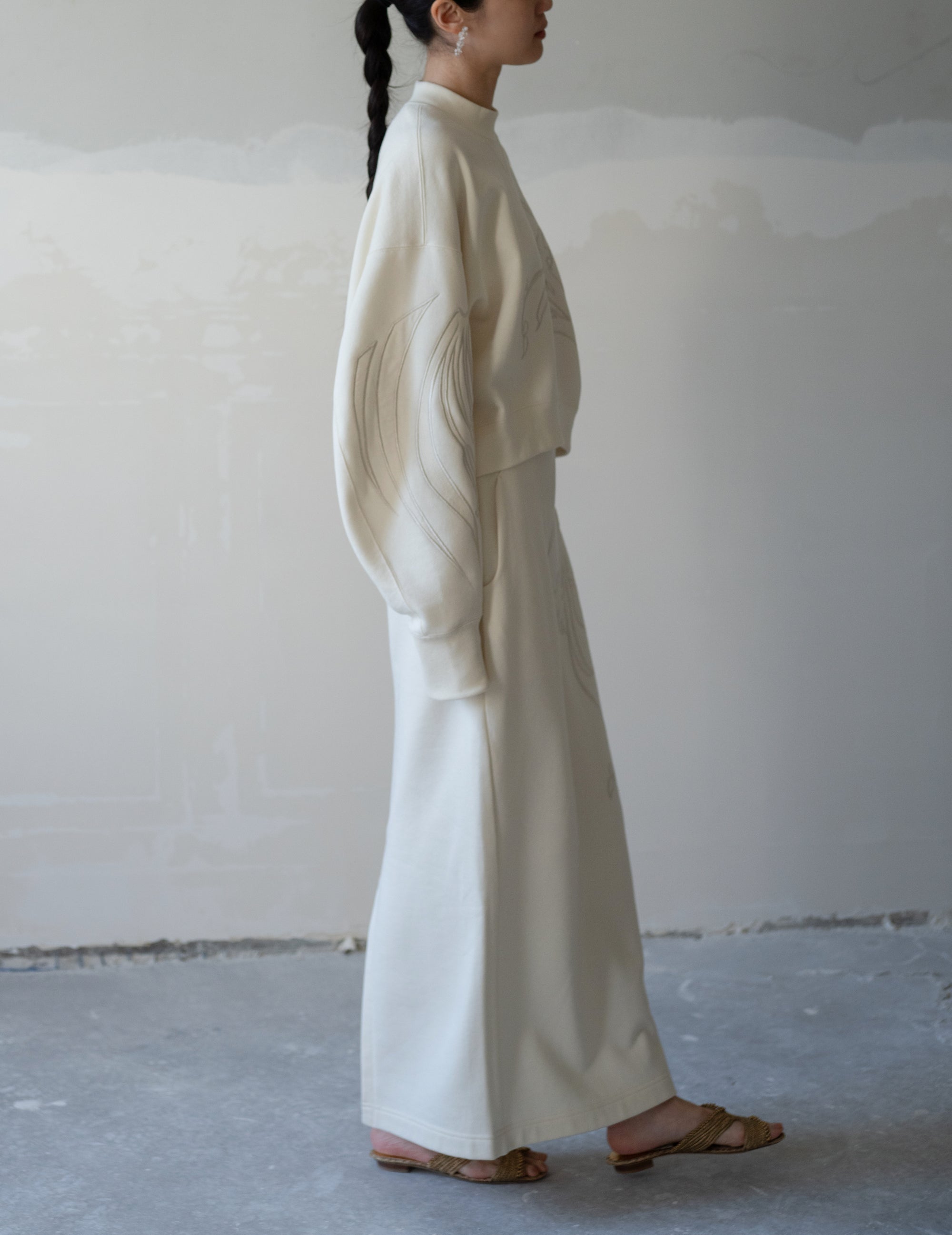 花卉刺繡棉質長裙・米白