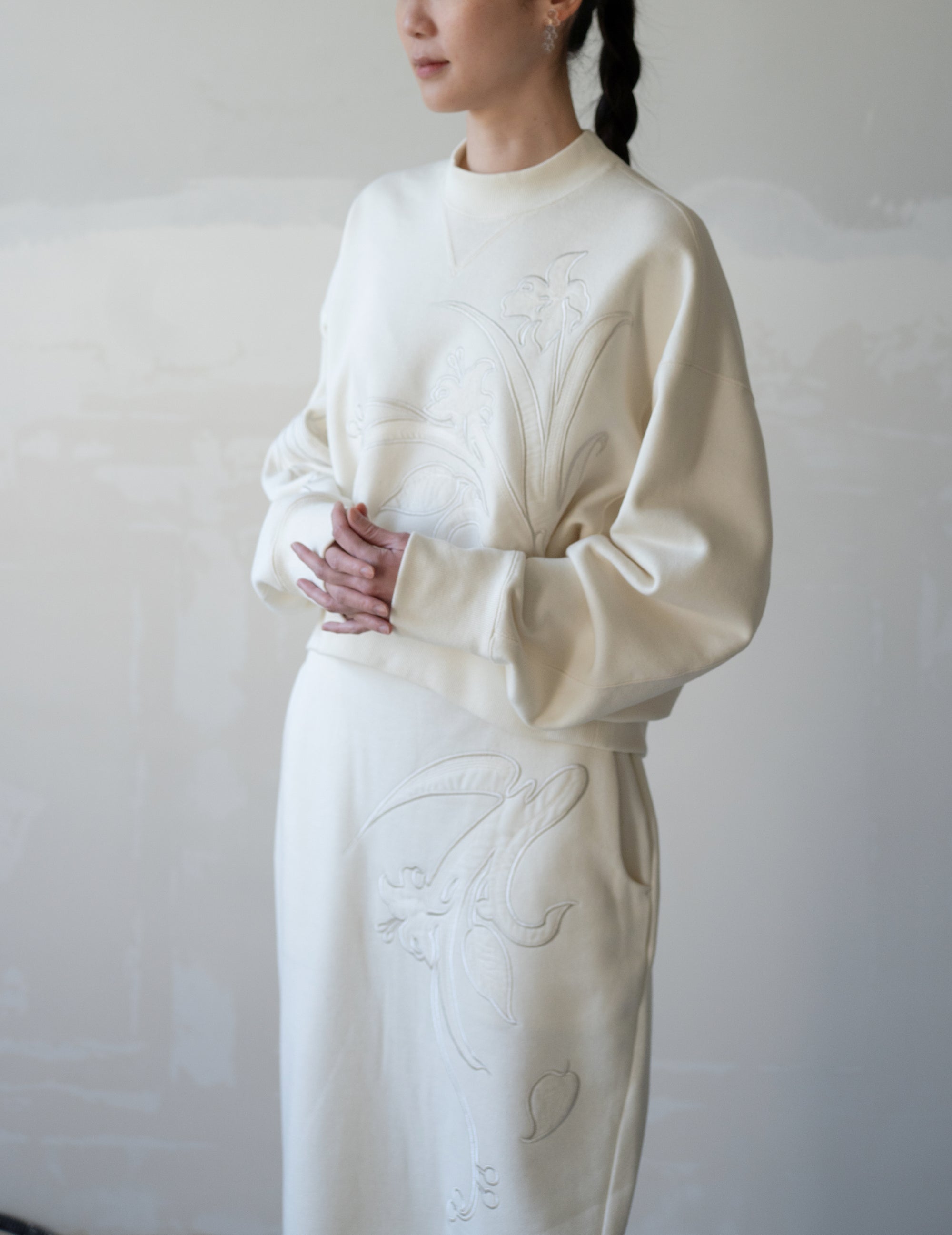 花卉刺繡棉質長裙・米白