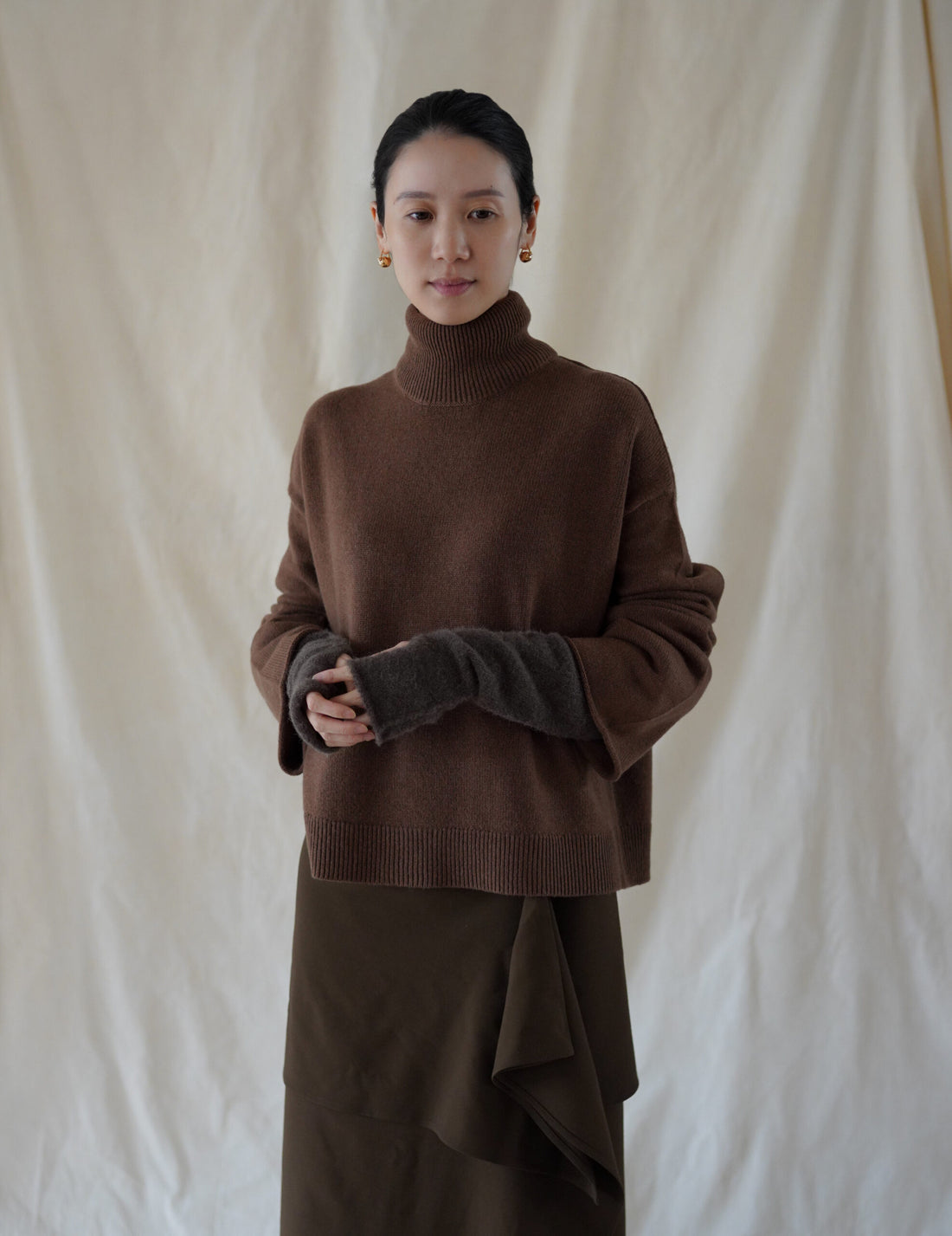 Hana Baby Alpaca Cashmere Silk Long Mittens・Dark Taupe