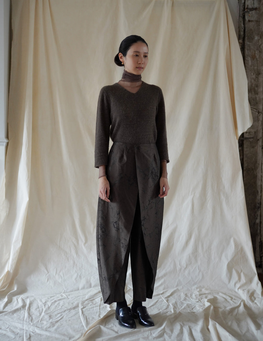 Nika Jacquard Wool Silk Trousers・Khaki