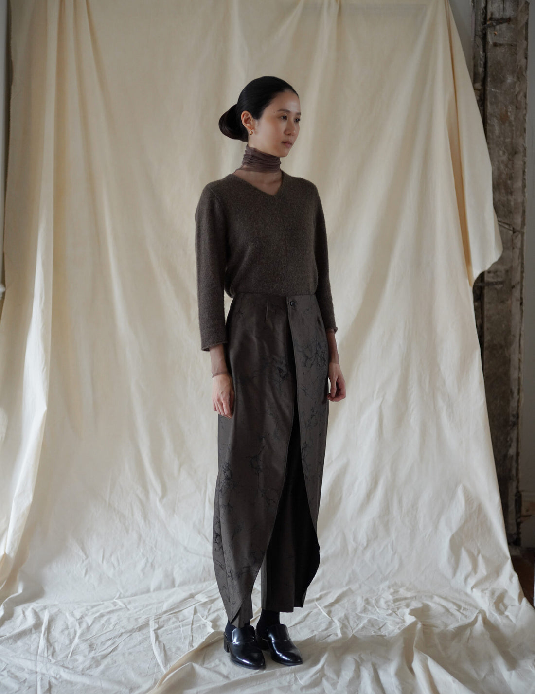 Nika Jacquard Wool Silk Trousers・Khaki