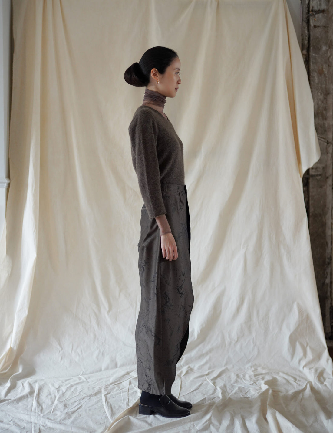 Nika Jacquard Wool Silk Trousers・Khaki