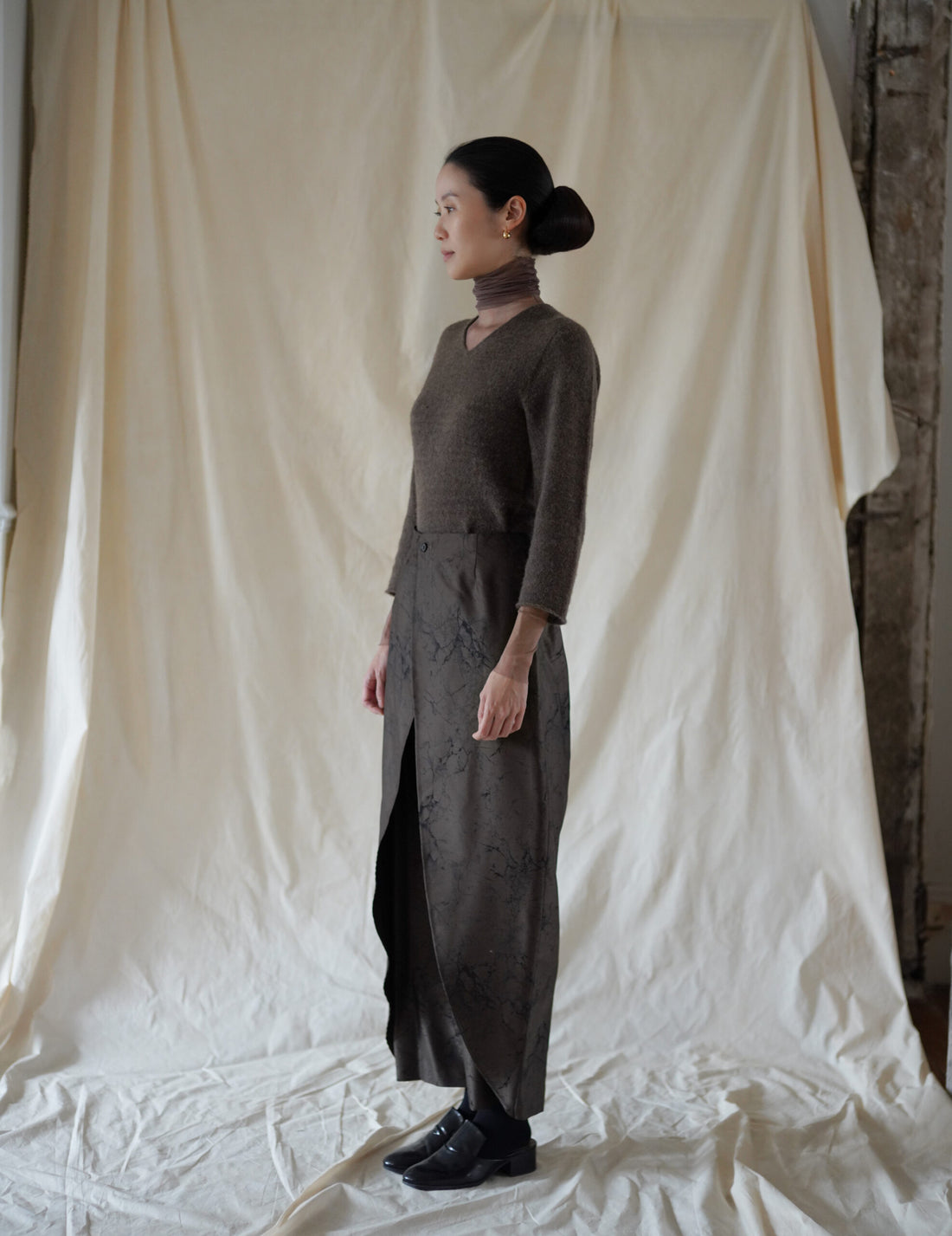Nika Jacquard Wool Silk Trousers・Khaki