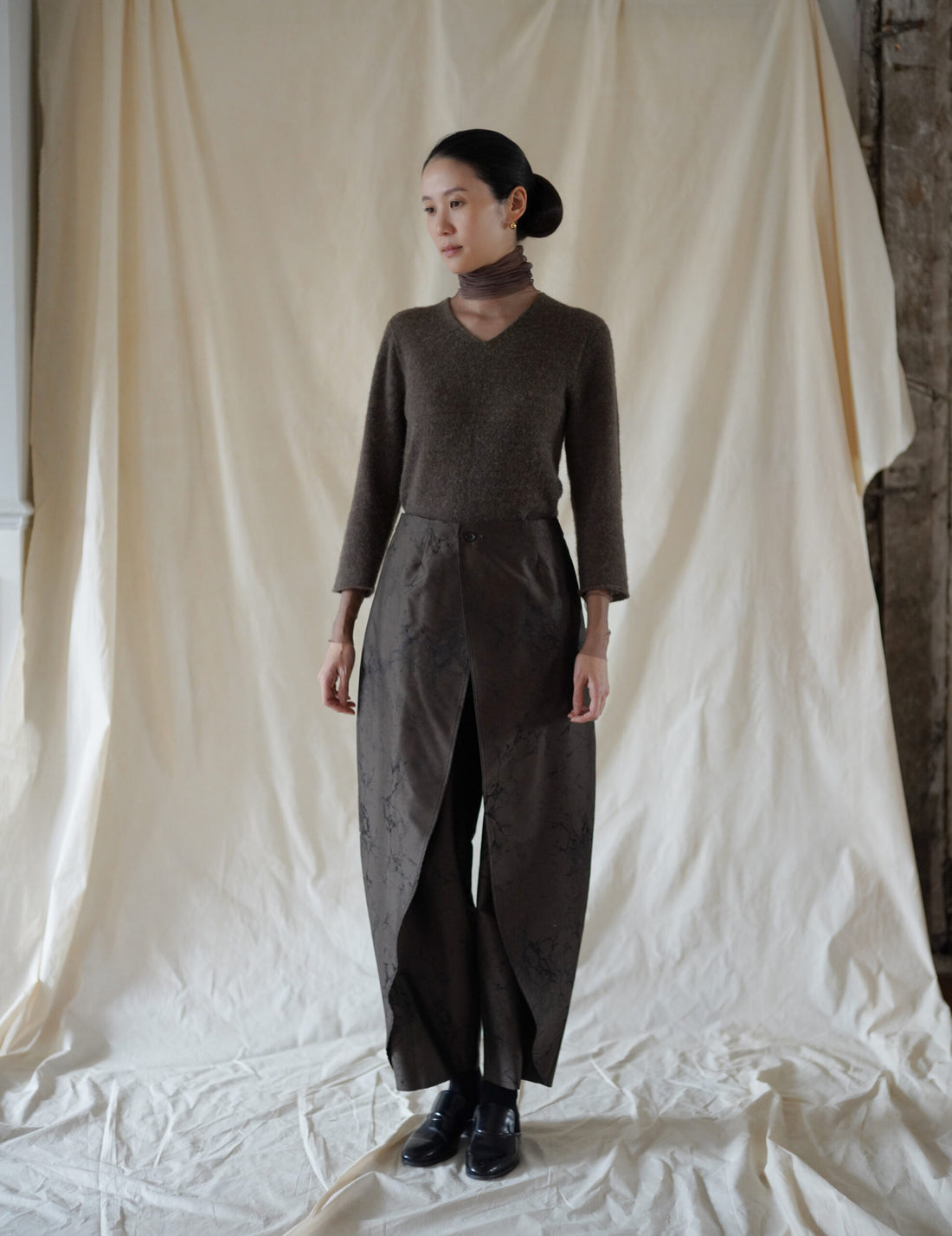 Nika Jacquard Wool Silk Trousers・Khaki