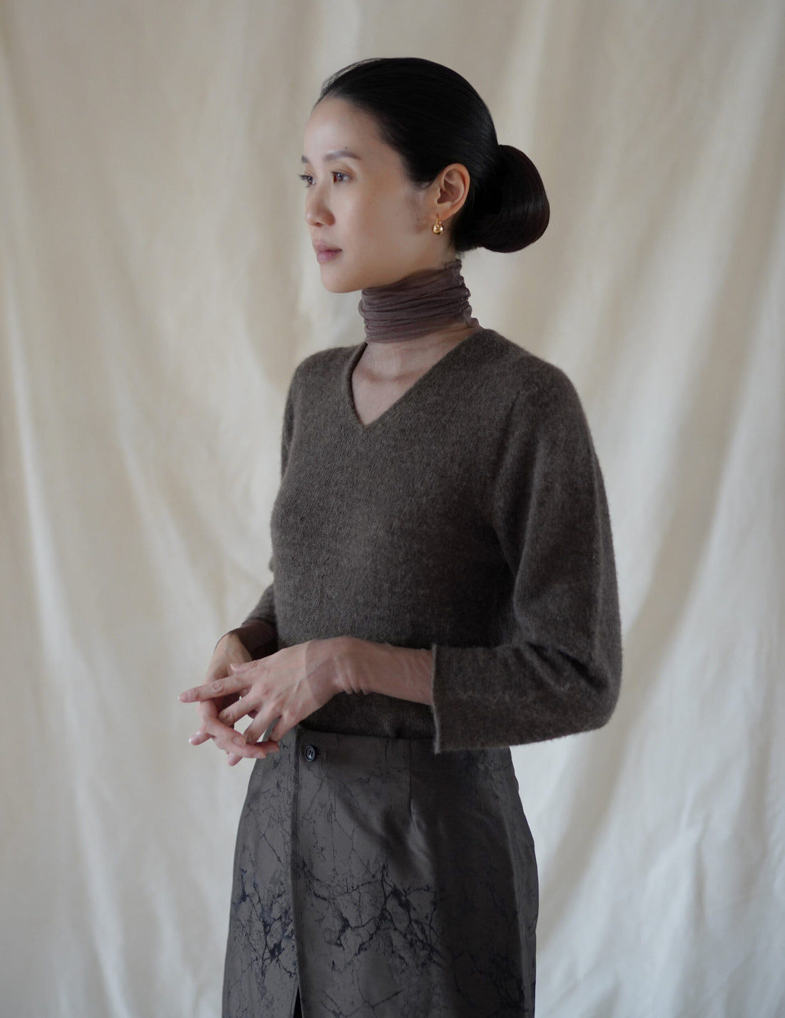 Cisne 真絲薄紗高領內搭・棕褐色