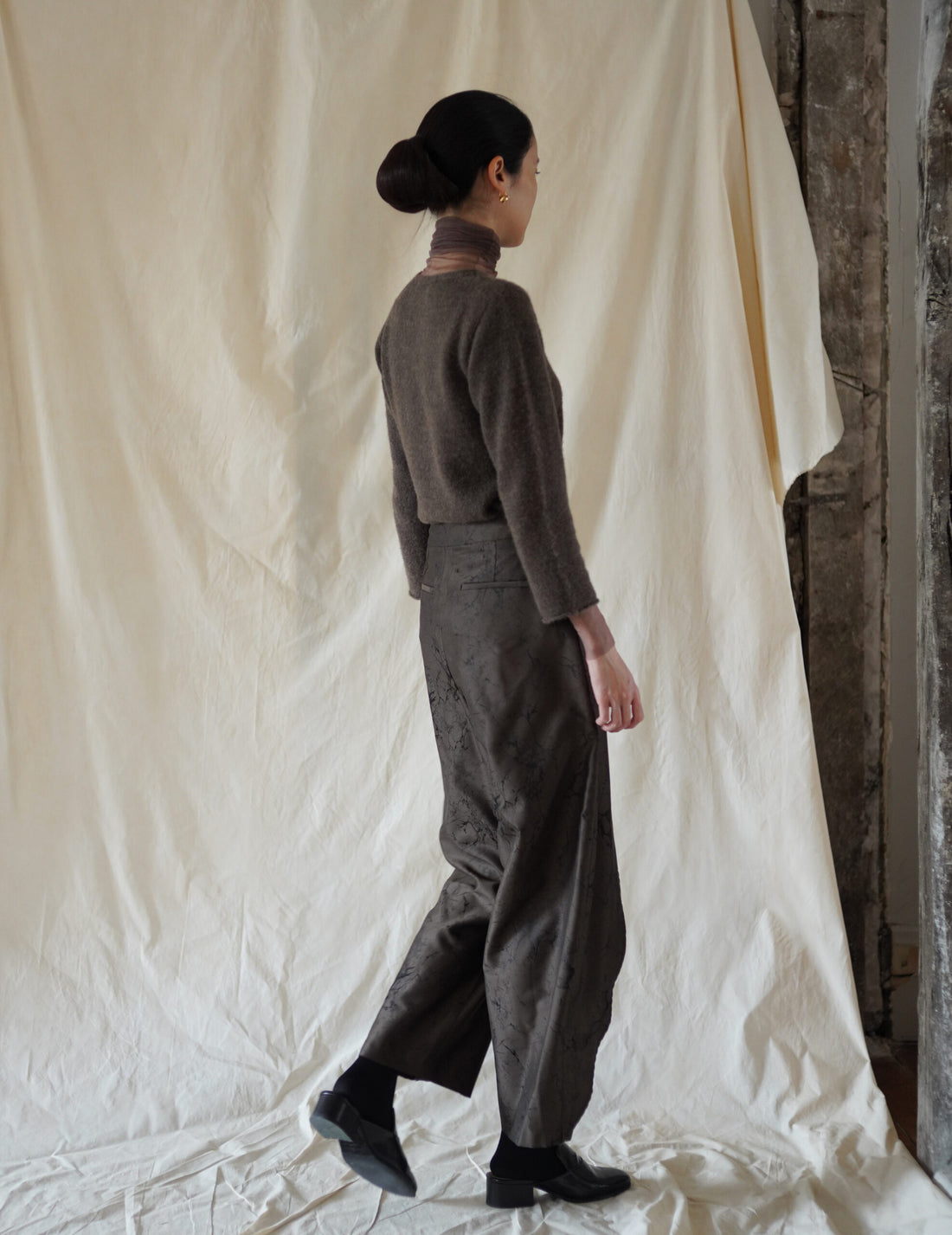 Nika Jacquard Wool Silk Trousers・Khaki