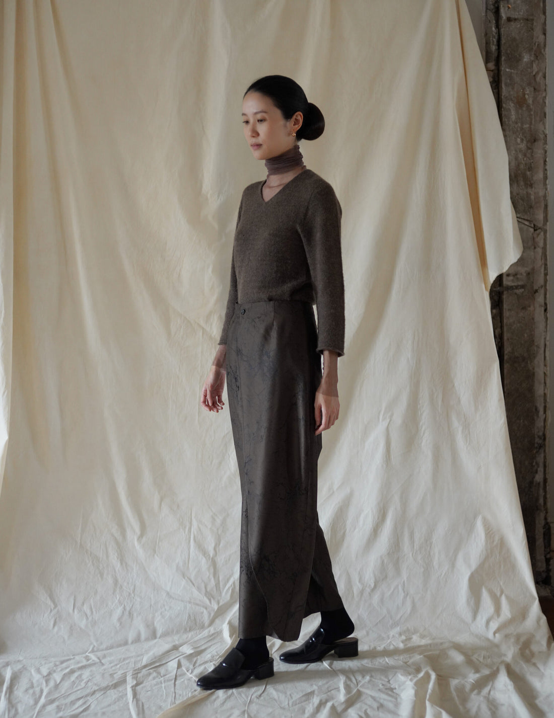 Nika Jacquard Wool Silk Trousers・Khaki