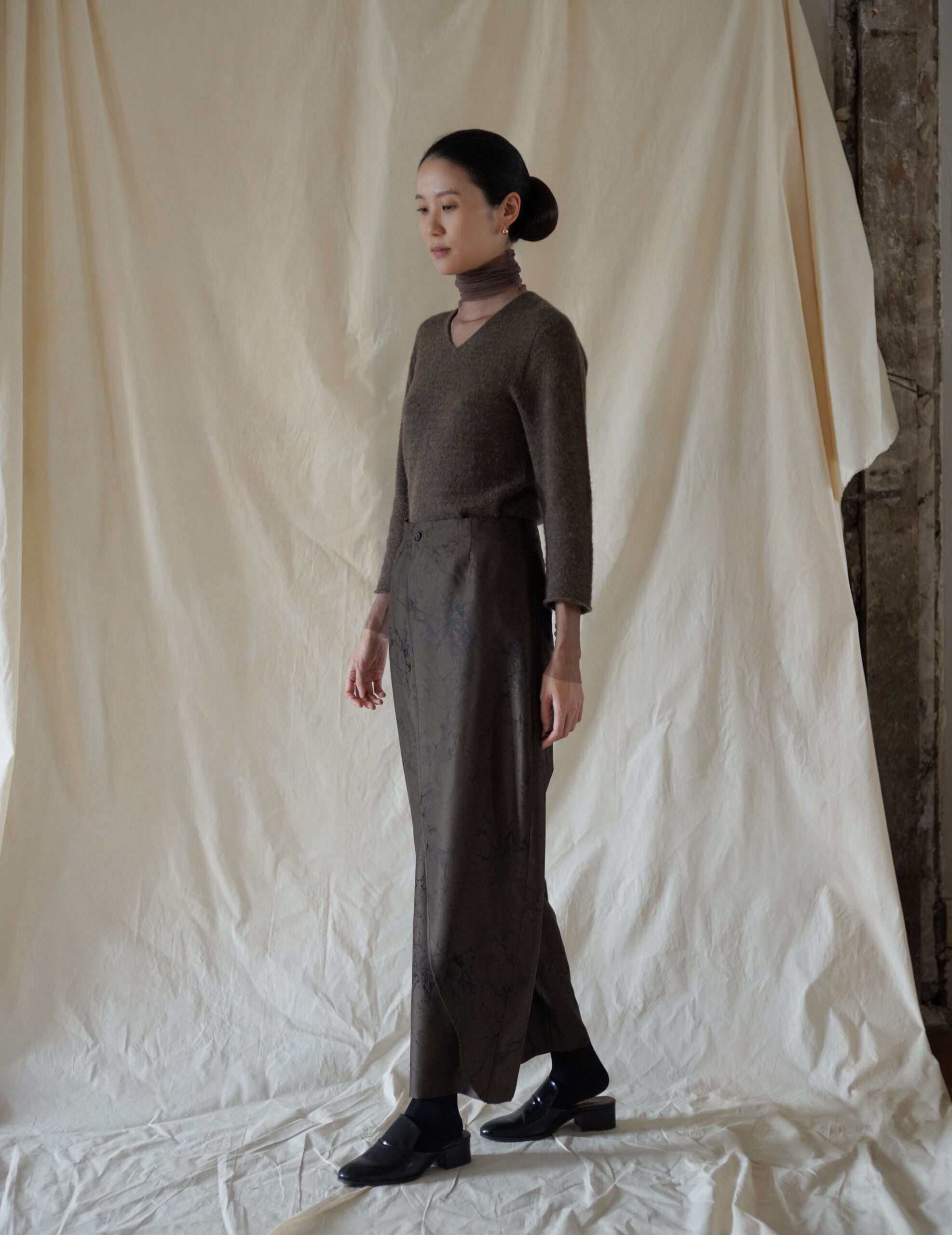 Nika 羊毛真絲提花長褲・卡其色