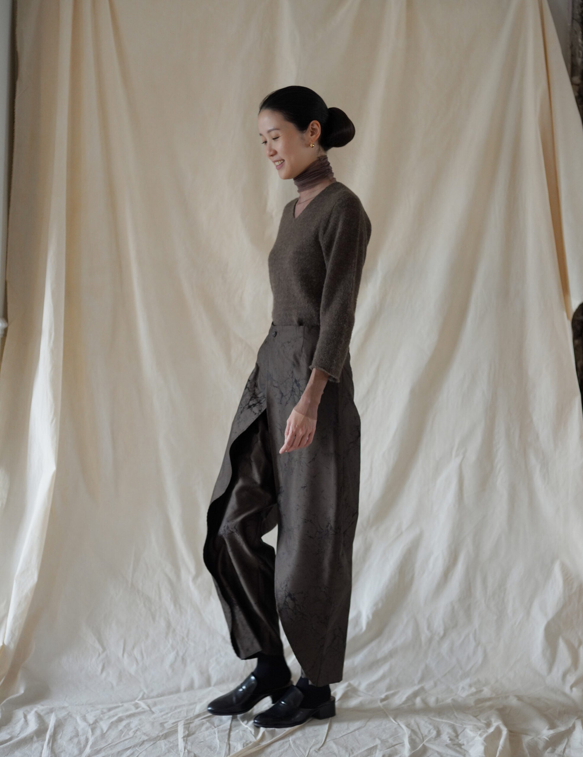 Nika 羊毛真絲提花長褲・卡其色