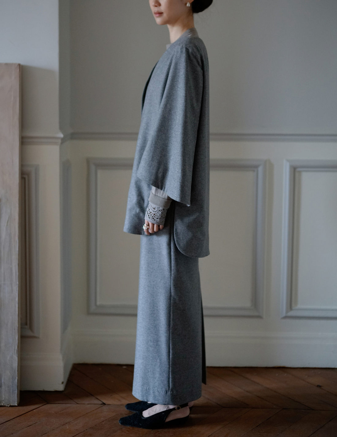 Wool Flannel Plunge Top・Grey