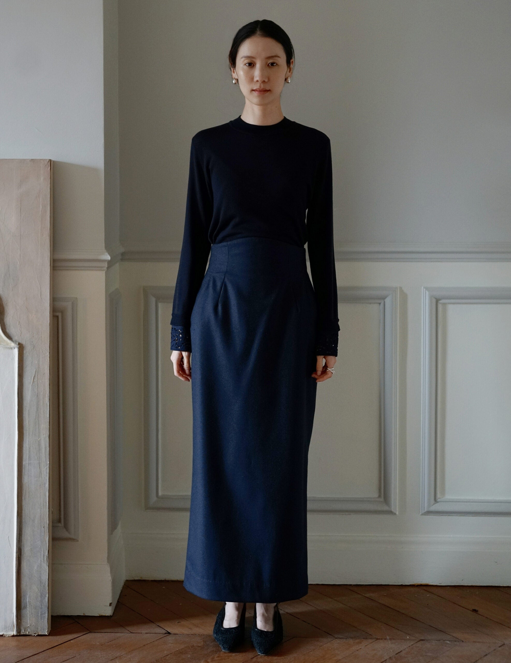 Wool Flannel I-Line Skirt・Navy