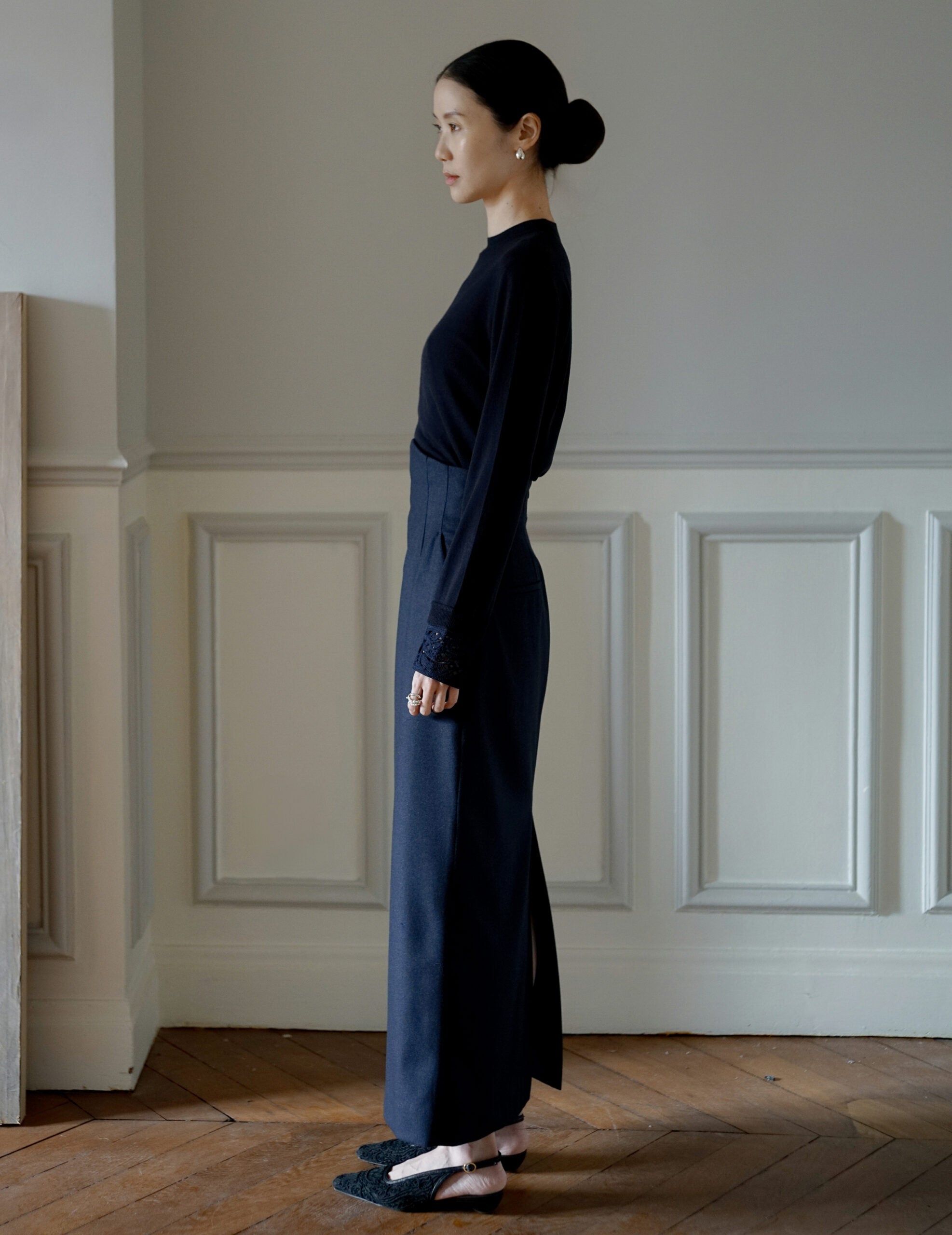 Wool Flannel I-Line Skirt・Navy