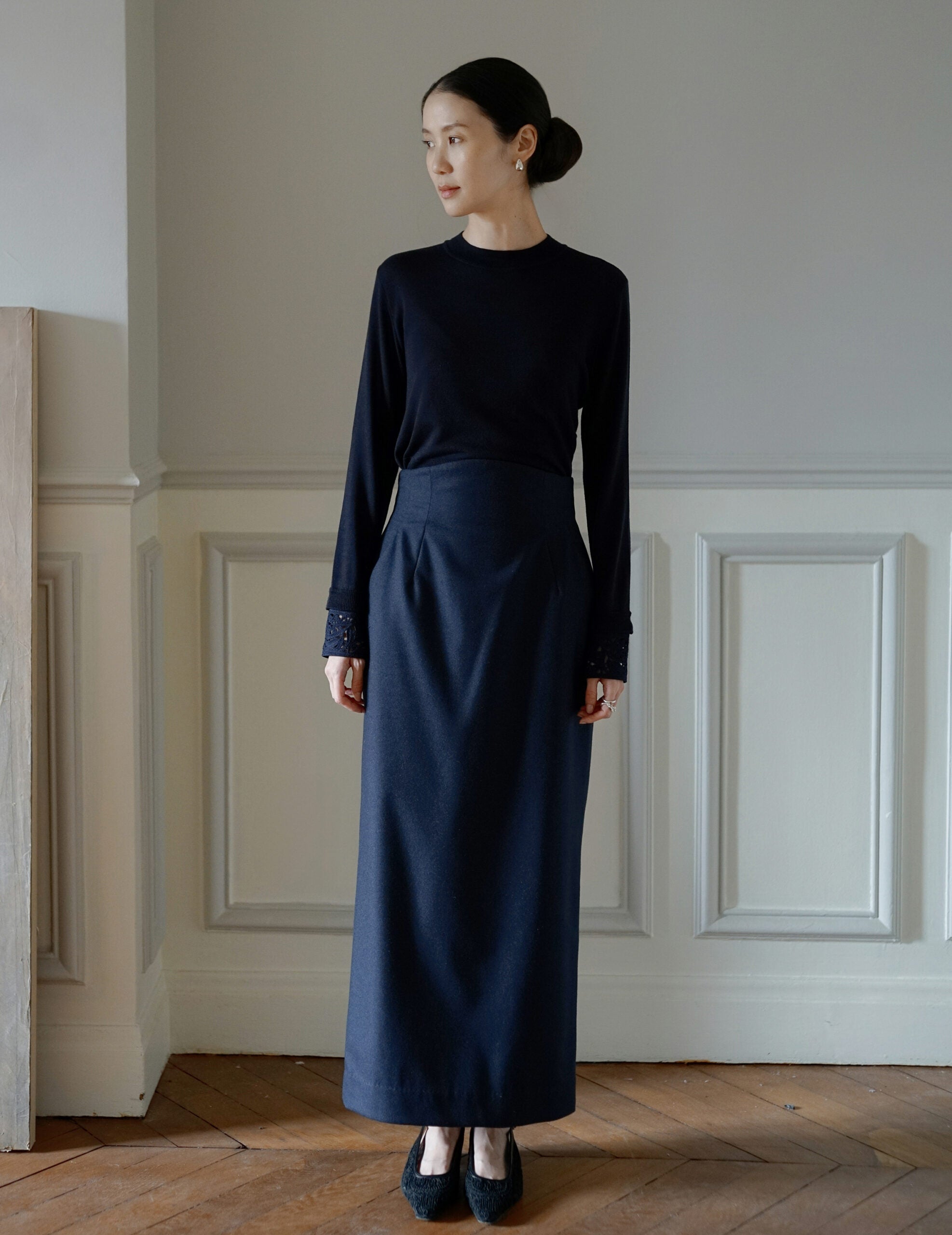 Wool Flannel I-Line Skirt・Navy