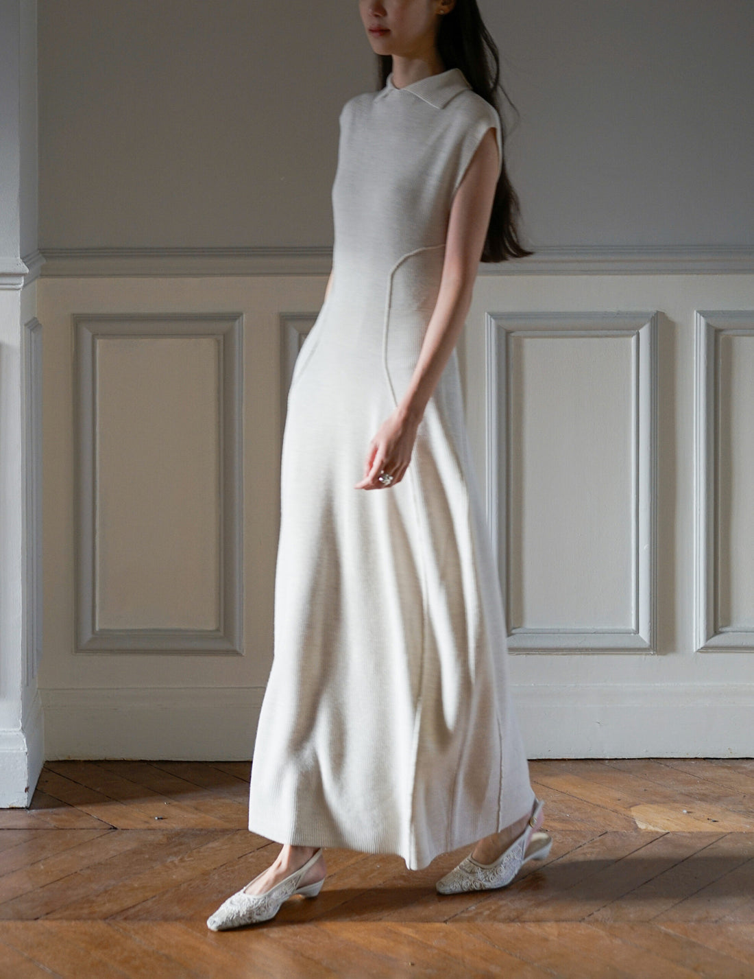 designer knit dress Two Tone Rib with Sheer Shoulders Lapis blue-ecru / 10 Crafted from a blend of 88% viscose Karlina Knit DressIvory