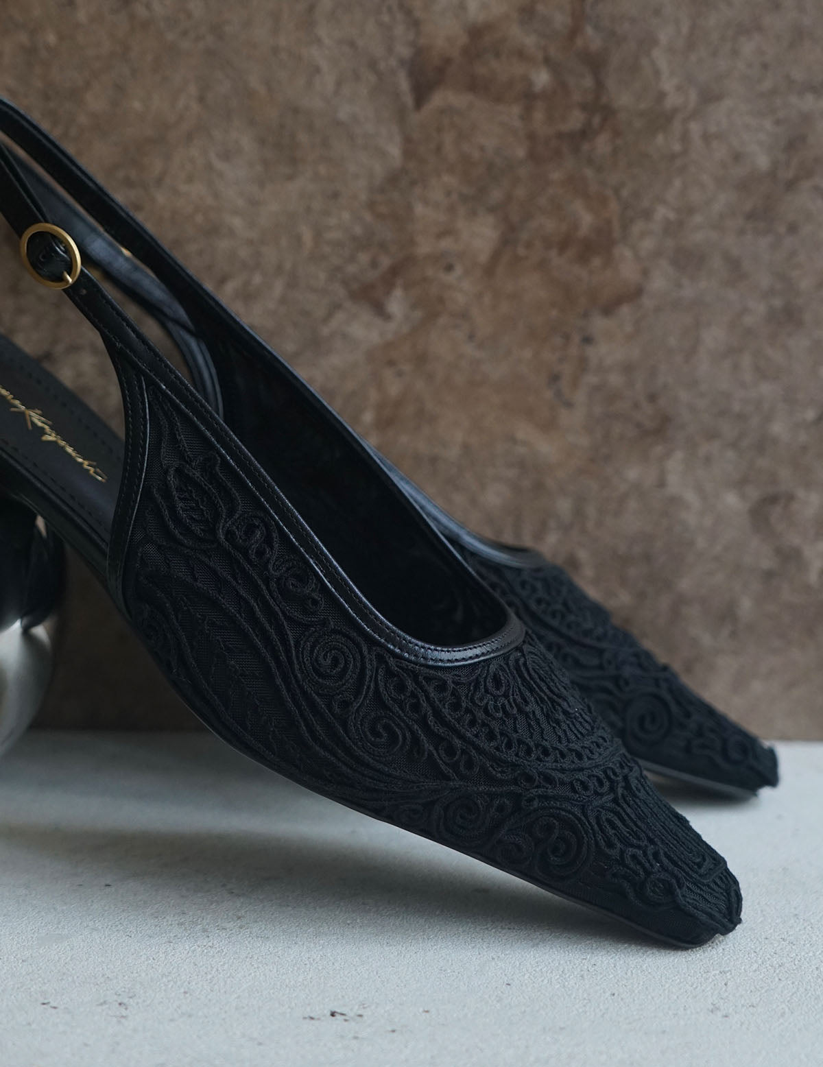 Cording Embroidery Sling Back Heels・Black