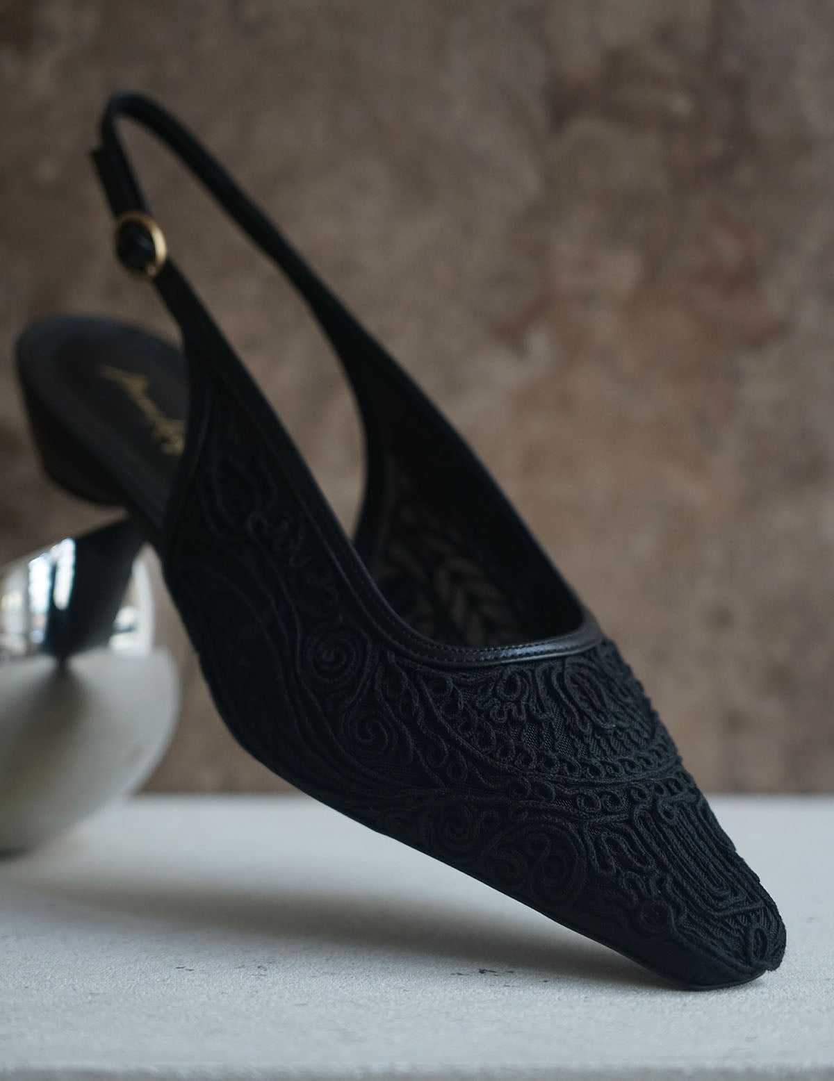 Cording Embroidery Sling Back Heels・Black