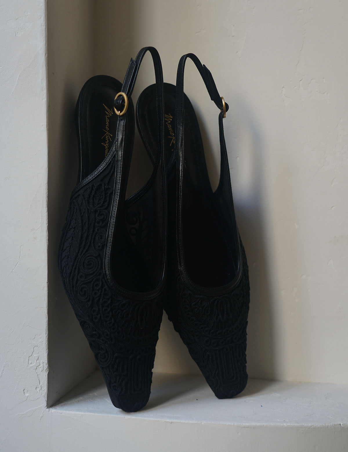 Cording Embroidery Sling Back Heels・Black