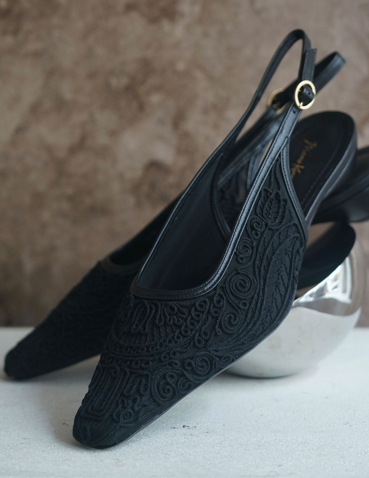 Cording Embroidery Sling Back Heels・Black