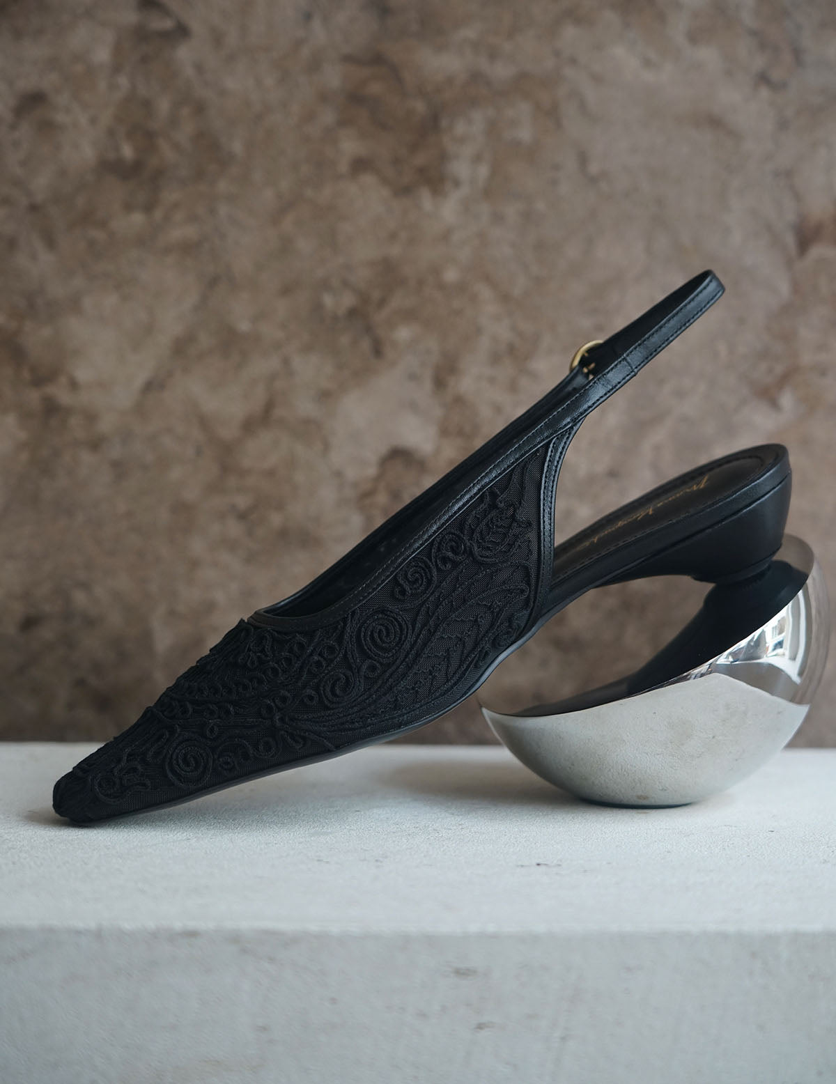 Cording Embroidery Sling Back Heels・Black