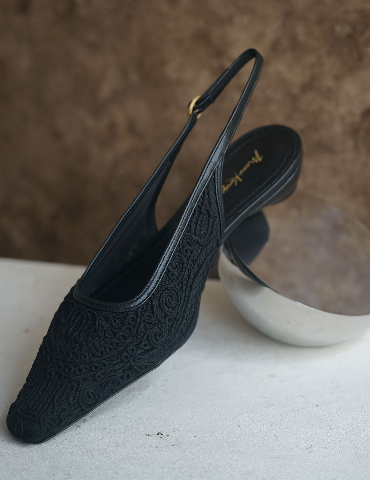 Cording Embroidery Sling Back Heels・Black