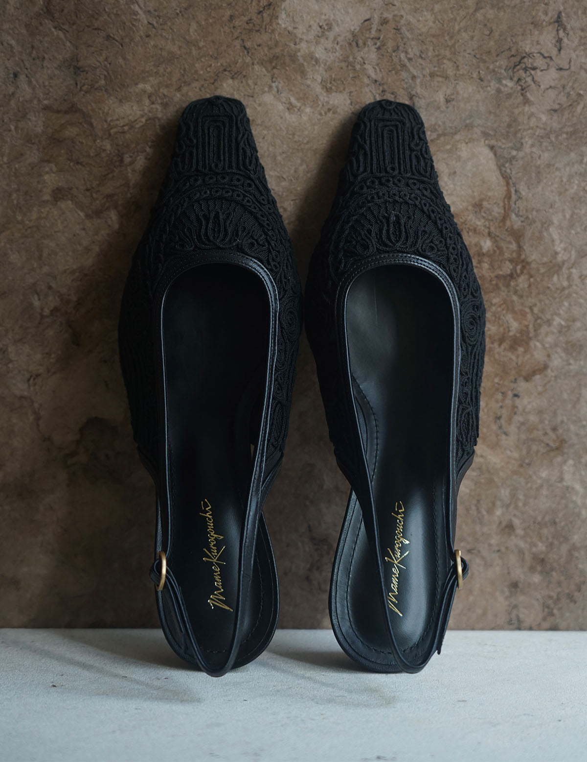 Cording Embroidery Sling Back Heels・Black