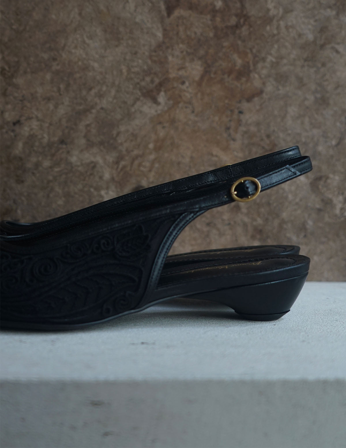 Cording Embroidery Sling Back Heels・Black